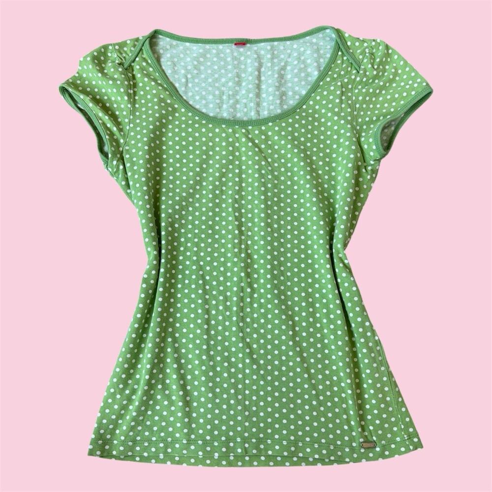 Y2K Esprit Green polka dot cap sleeve baby tee with white polka dots